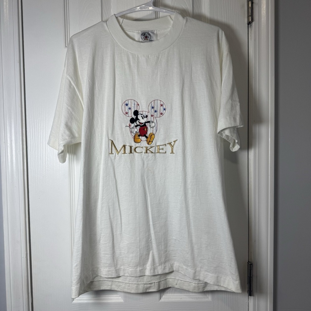 Vintage Disney Mickey Mouse Embroidered White Top Tee Shirt Adult L USA Single